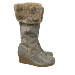 Vintage Y2K Boots Beige Suede Leather Wedge Size 9 M Faux fur Patchwork Mid Calf